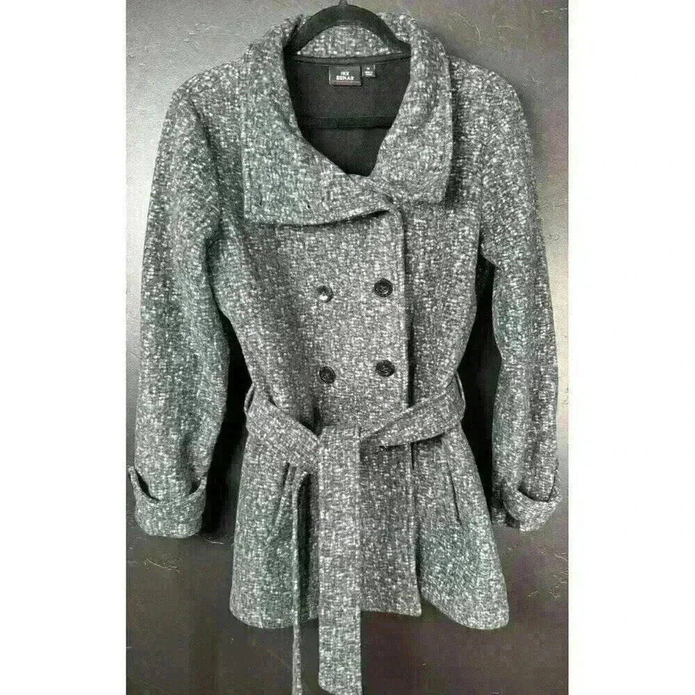 Ike Behar Double Breasted Womens Fleece Soft Belted Jacket Size Medium Gray